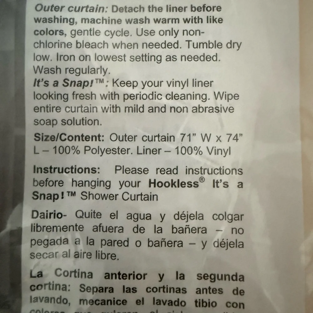 Hookless Its‎ A Snap Fabric Shower Curtain 2 Vinyl Liners Beige New